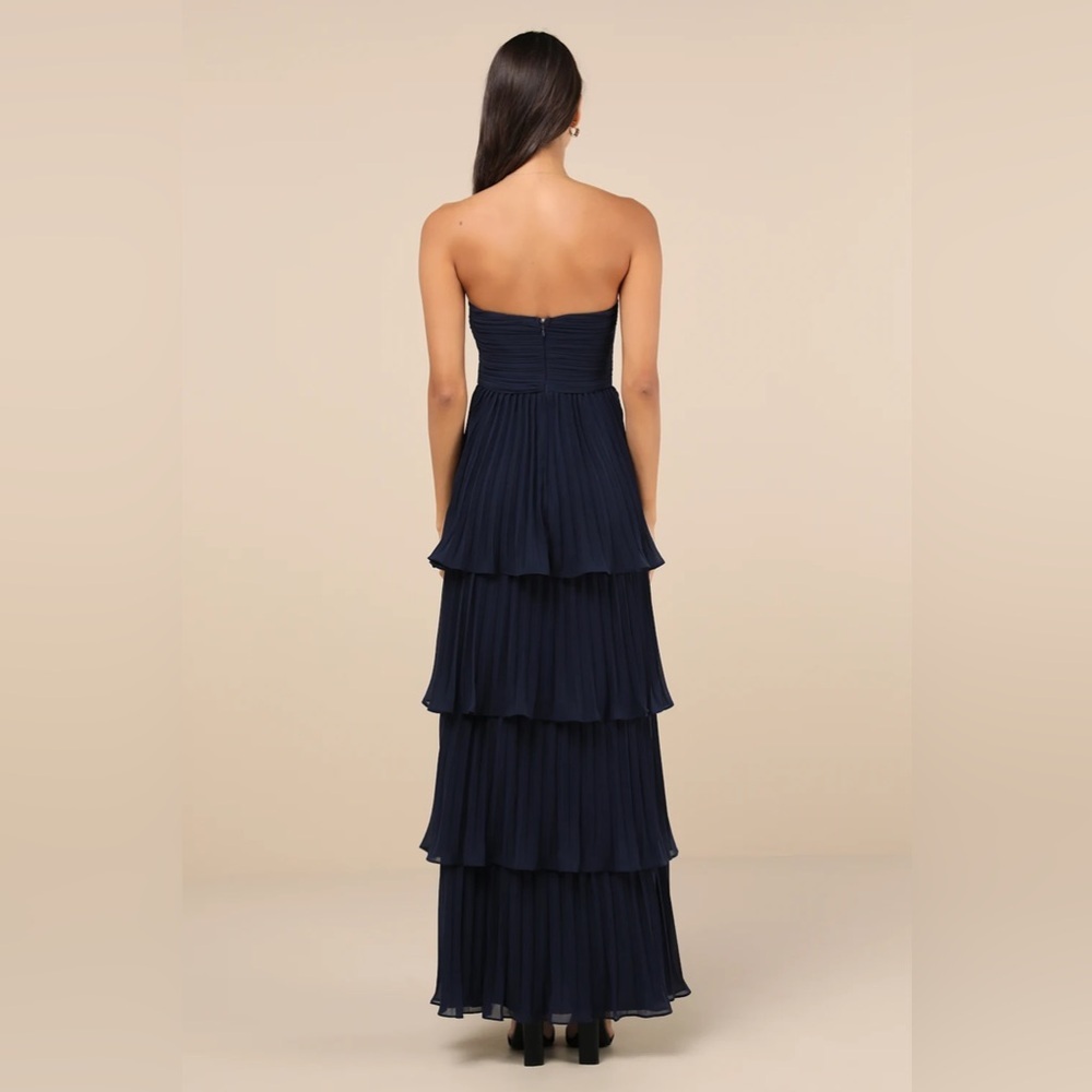 Lulus Seriously Sensational Navy Blue Strapless Tiered Pleated Maxi Dress small - Picture 2 of 11